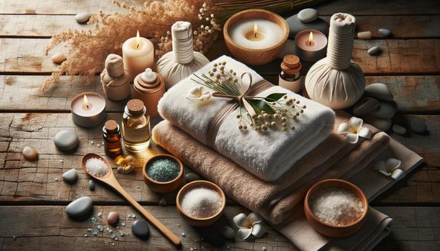Spa scene with candles, towels, flowers, massage oils, and bath salts on a wooden surface.