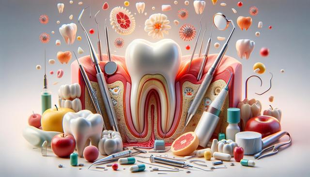 A large tooth cross-section surrounded by dental tools, fruits, and pills.