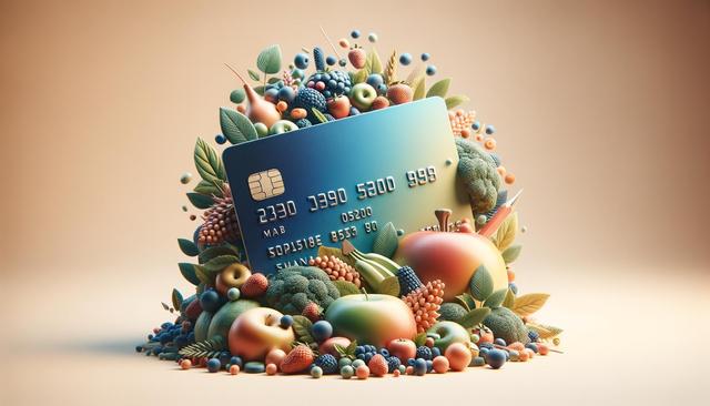 A credit card surrounded by colorful assorted fruits and vegetables.