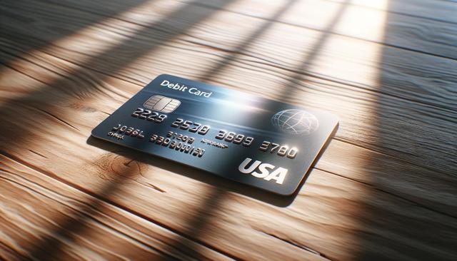 A debit card on a wooden surface with light shining on it.