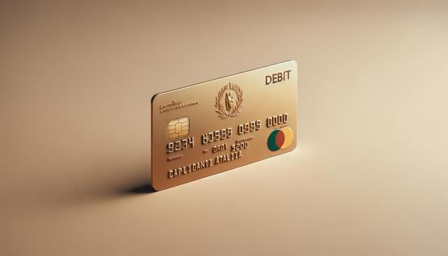A gold debit card with embossed numbers and a chip.