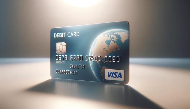 A silver-blue debit card with a globe design, chip, and Visa logo, standing angled, casting a shadow.