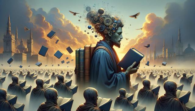 A figure with a mechanical brain holds a book, surrounded by flying books, gears, and identical figures reading; set in a mystical cityscape.