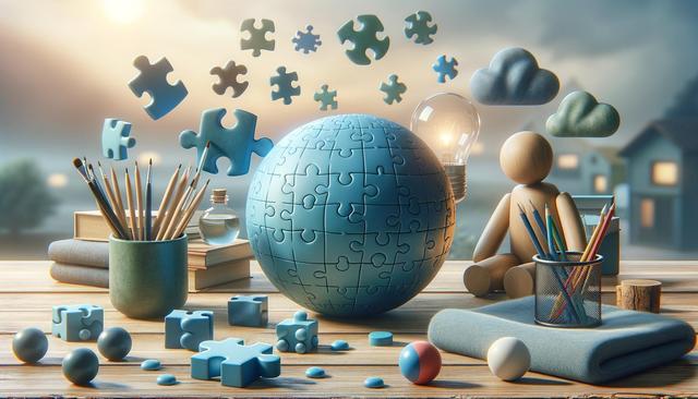 A wooden figurine sits with books, pencils, scattered puzzle pieces, and a lit bulb on a table, under a sky with clouds.