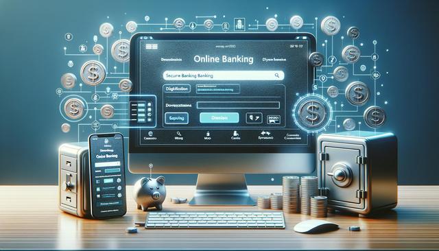 A computer screen displays online banking. Nearby are a smartphone, a piggy bank, a safe, and coin stacks. Digital dollar symbols float around.