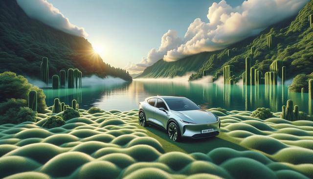 A futuristic car on a lush, surreal landscape with rolling hills, a reflective lake, tall plants, and a sunrise.