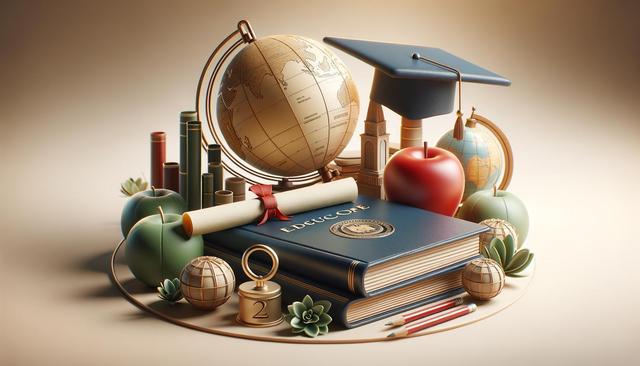 A collage of educational items: globe, books, graduation cap, diploma, apples, pencils, clock, and architecture model.