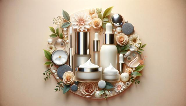 Cosmetic products surrounded by flowers, leaves, and decorative elements on a soft beige background.