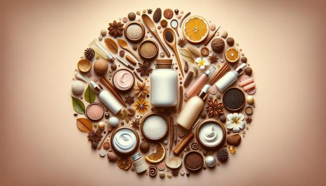 Circle of skincare bottles, jars, leaves, citrus slices, and spices on a beige background.