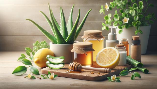 A wooden table with aloe vera, honey jars, lemon halves, leaves, and small bottles, set beside a potted plant.