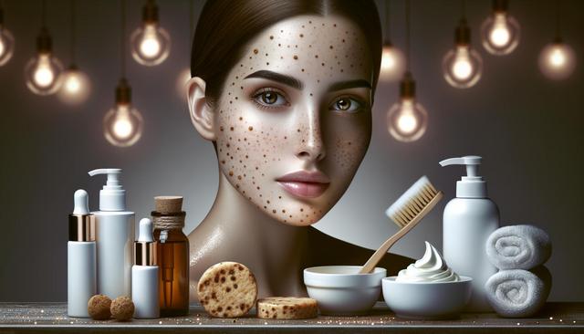 A woman with facial freckles is surrounded by skincare products and lit bulbs.