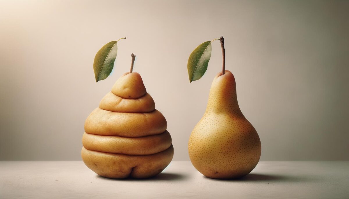 Two pears on a surface; one bumpy, one smooth, both with leaves.