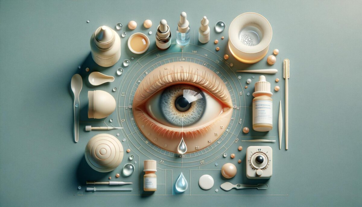 A stylized eye surrounded by various eye care items and geometric designs on a teal background.