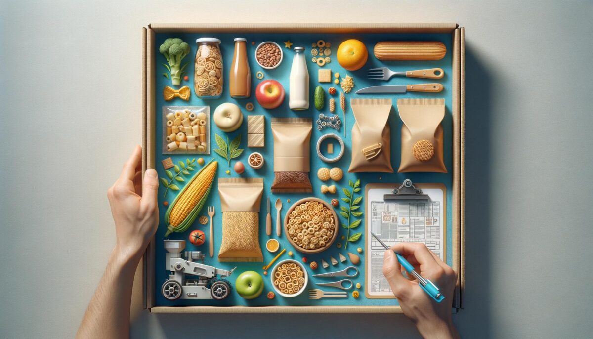 A box with neatly arranged food items, small tools, and a person writing on a clipboard.