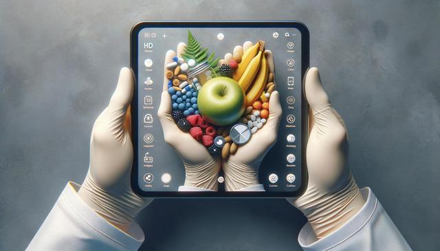 A doctor in gloves holds a tablet displaying hands holding fruits, pills, and medical items.