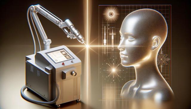 Futuristic laser machine projecting light onto a digital 3D human head model, with grid and schematic details in the background.