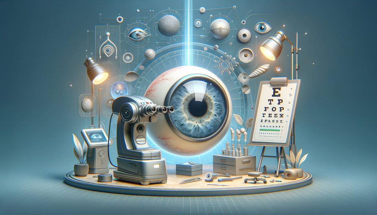 A large eye surrounded by eye exam tools, a vision chart, and abstract scientific elements.