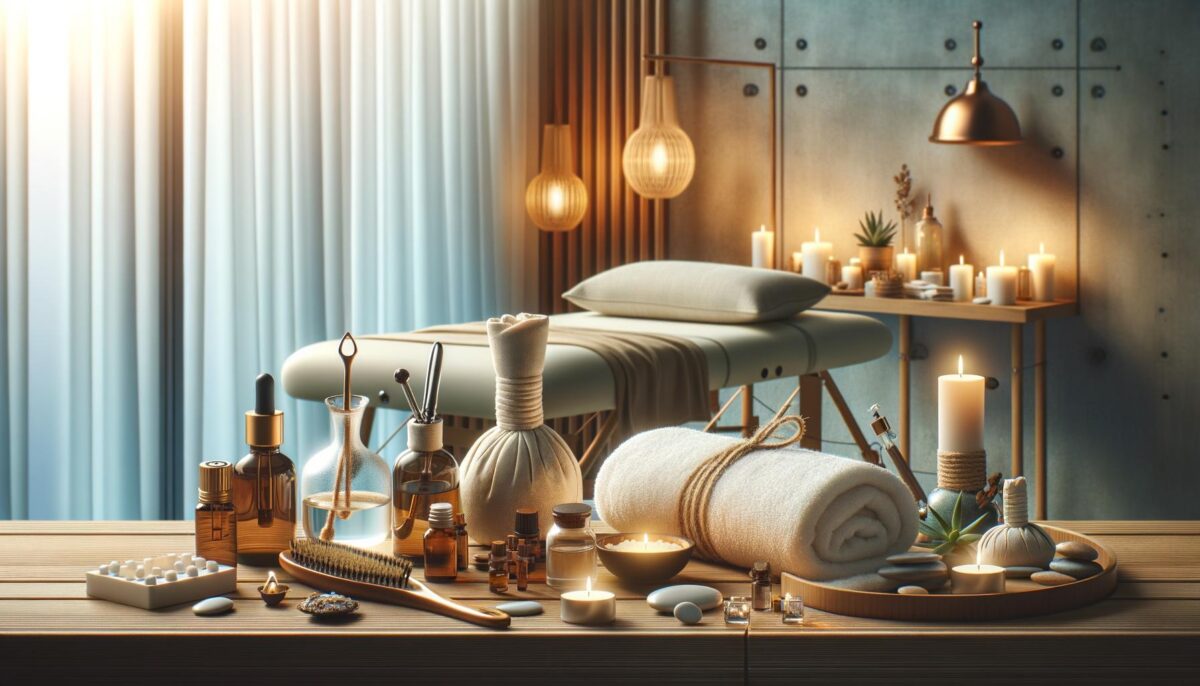 Spa setting with massage table, candles, oils, and relaxation items on a wooden surface. Warm lighting.