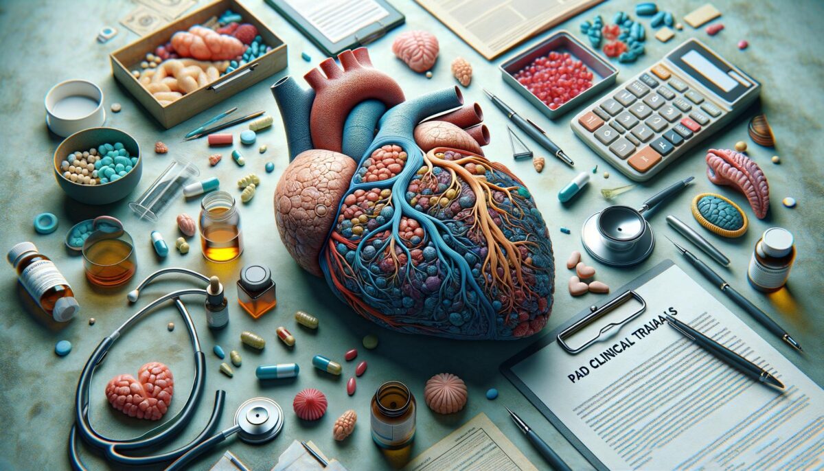 A detailed anatomical heart surrounded by various pills, medical tools, and documents on a table.