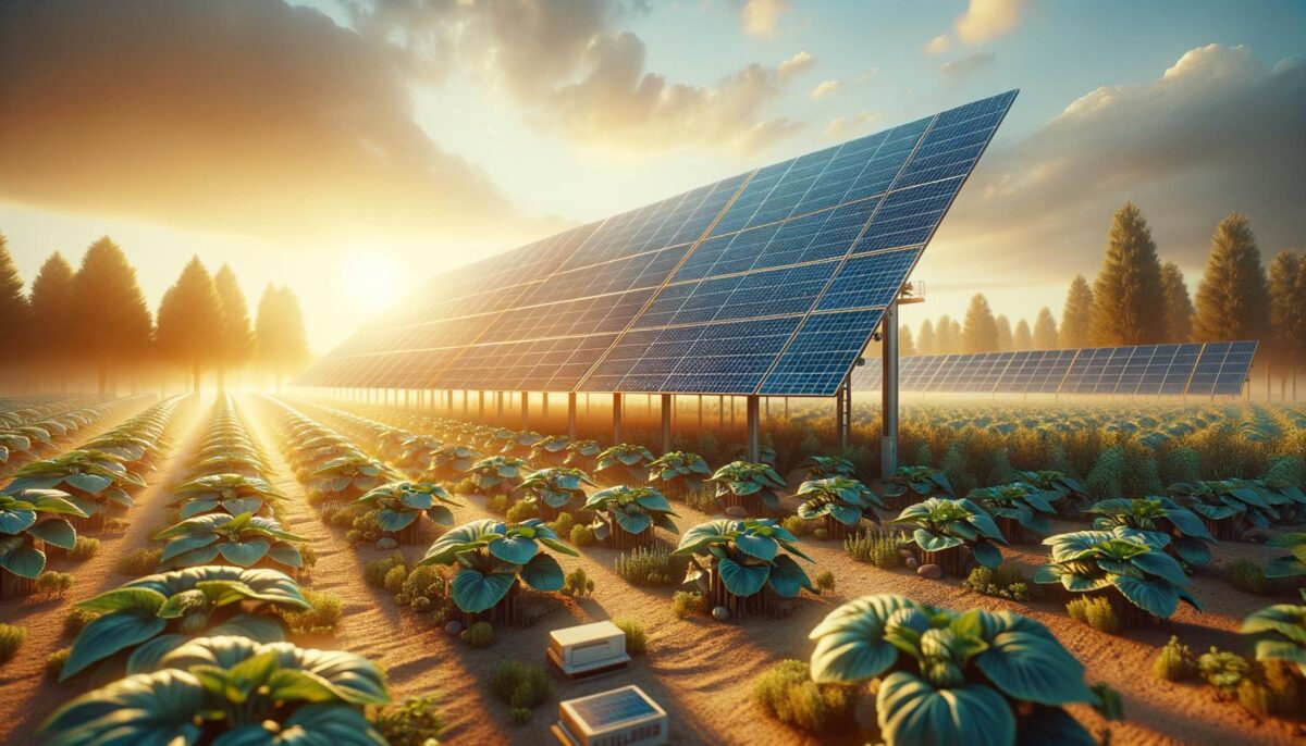 Rows of solar panels and plants at sunrise in a field.