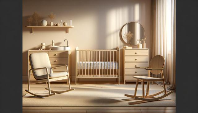 Bright, minimalist nursery with wooden furniture, a crib, rocking chairs, and soft light.