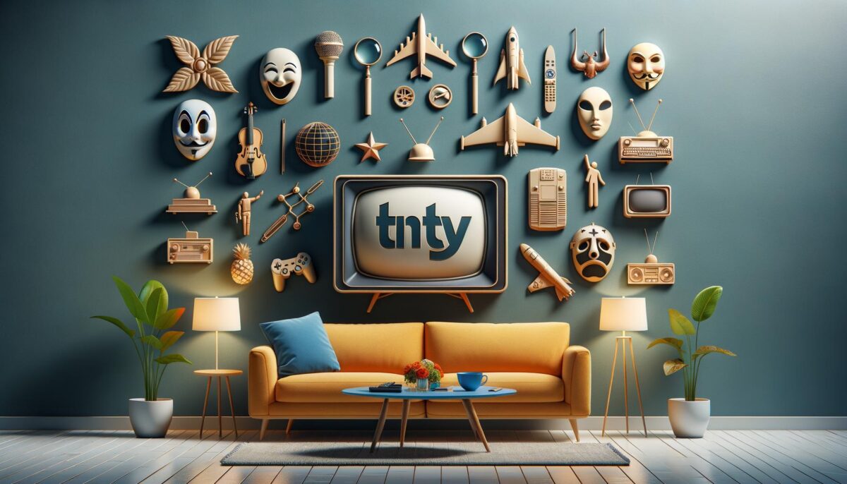 Living room with vintage TV, masks, toys on wall, yellow couch, plants, and coffee table.