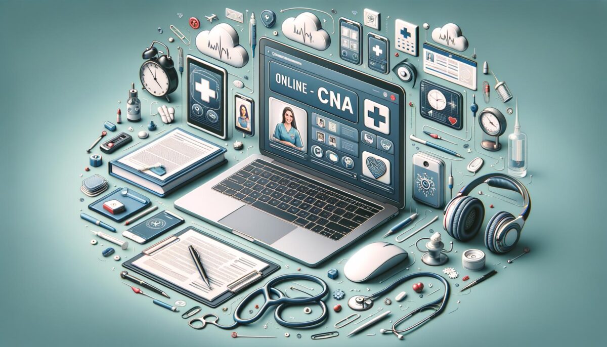 Laptop and medical items around it, showing an online Certified Nursing Assistant (CNA) course.
