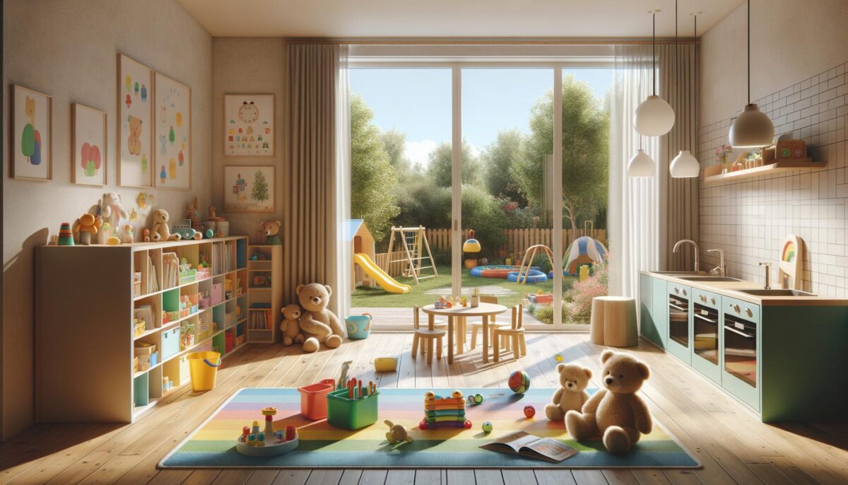 Cozy playroom with toys, a rainbow rug, teddy bears, bookshelves, and a view of a sunny garden with playground equipment.