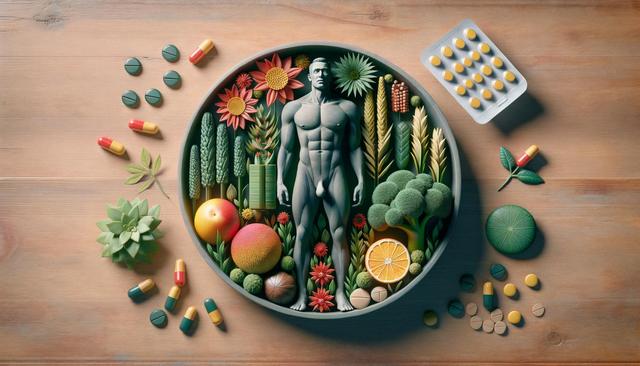 A stylized human figure surrounded by fruits, vegetables, flowers, and pills on a wooden surface.