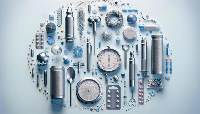 A collection of metallic and blue-colored medical tools, pills, and scientific objects arranged on a light background.