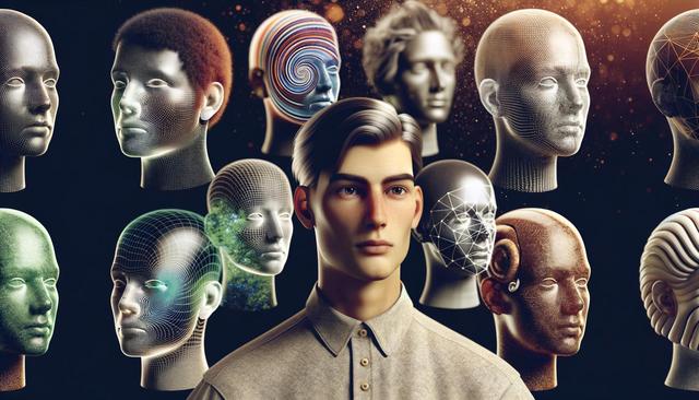 A person stands amid various digital, abstract head models with diverse textures and patterns against a dark background.