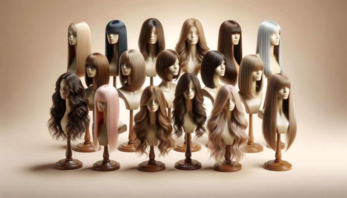 Mannequin heads with diverse hairstyles and colors on wooden stands.