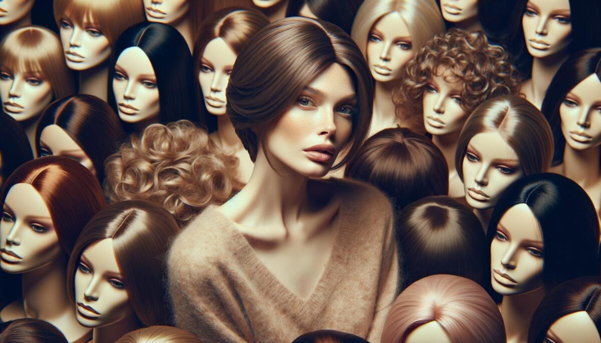 A woman surrounded by mannequin heads with various hairstyles, all wearing neutral expressions.