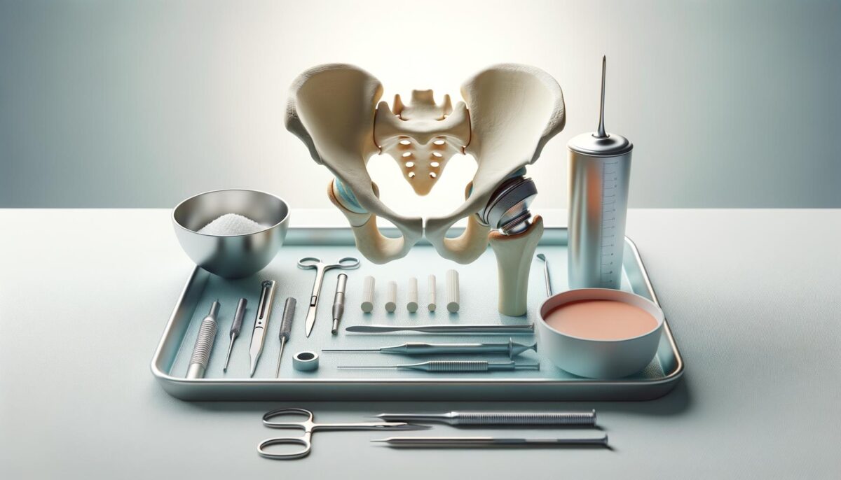 Surgical tray with pelvis model, syringes, scalpels, scissors, and medical tools.