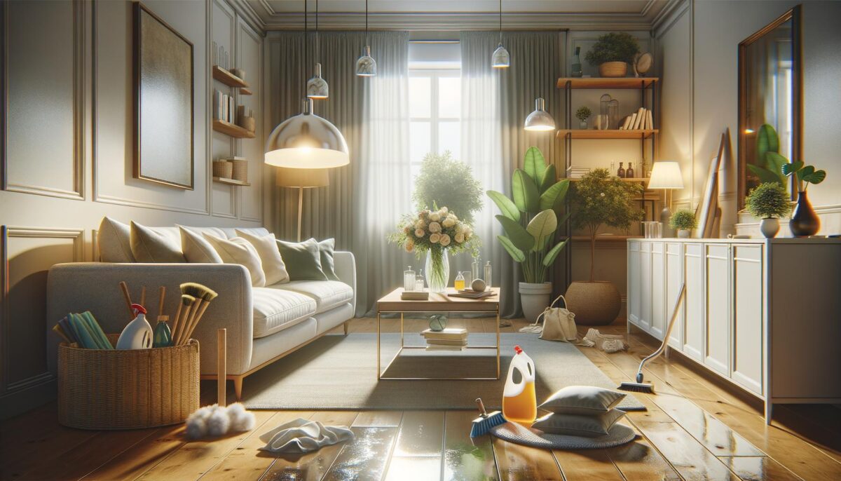 A bright, modern living room with cleaning supplies scattered around, and sunlight streaming through a window onto a couch, plants, and furniture.