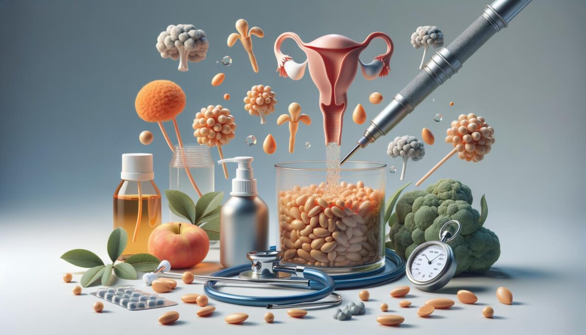 A surreal composition featuring medical and natural elements like pills, a stethoscope, fruits, plants, a uterus model, broccoli, and detailed cellular structures.