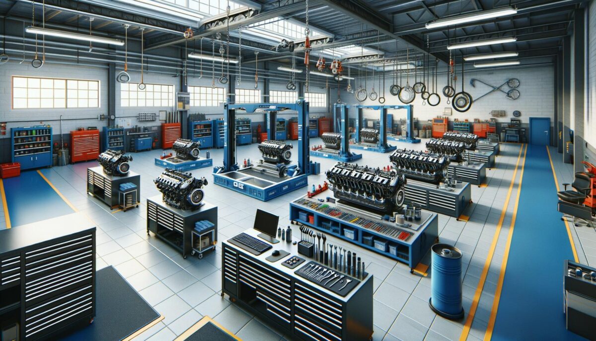 A spacious, organized auto workshop with engines on workbenches, tool cabinets, and machinery.
