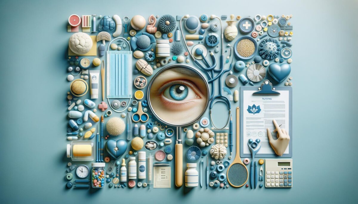 A stylized collage of medical items and symbols surrounding an enlarged eye viewed through a magnifying glass.
