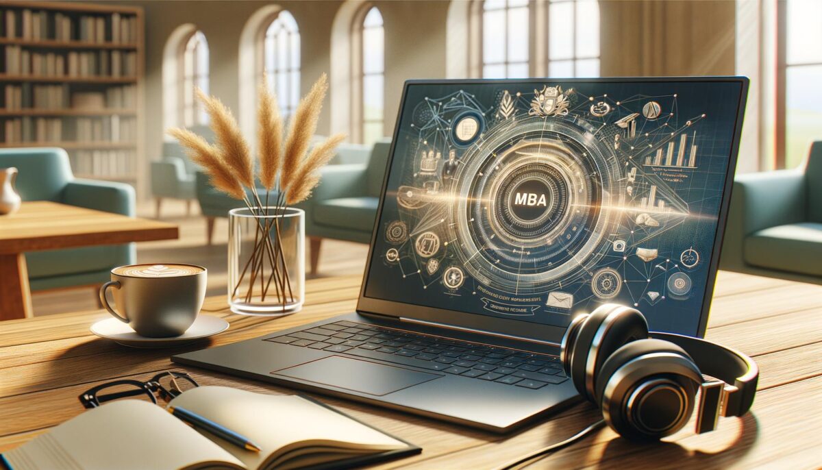 A laptop displaying "MBA" with futuristic graphics, a coffee cup, book, glasses, and headphones on a cozy library table.