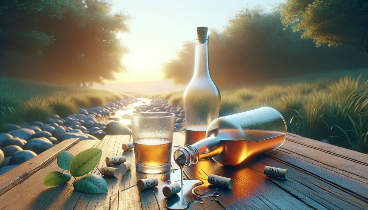 Two bottles and a glass on a wooden table by a stream, with the sun setting in the background.