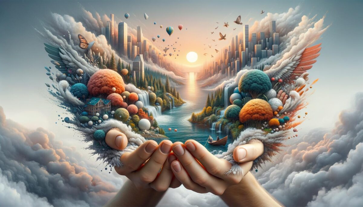 Surreal landscape in hands, featuring colorful trees, rivers, cityscape, and flying balloons, against a sunset sky.