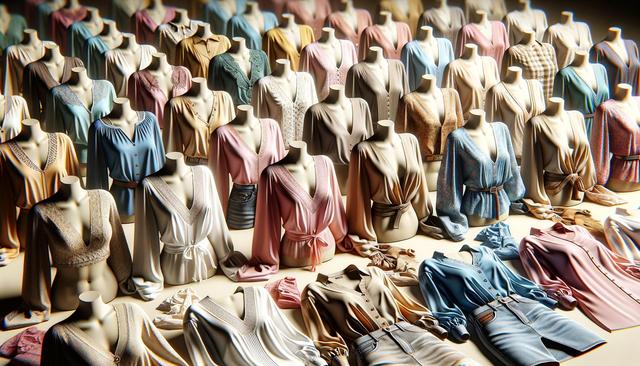 Rows of mannequins display various colorful blouses with diverse designs and textures.